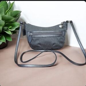 Coach Small Signature Fabric Crossbody Bag In Gray/Charcoal & Purple Interior